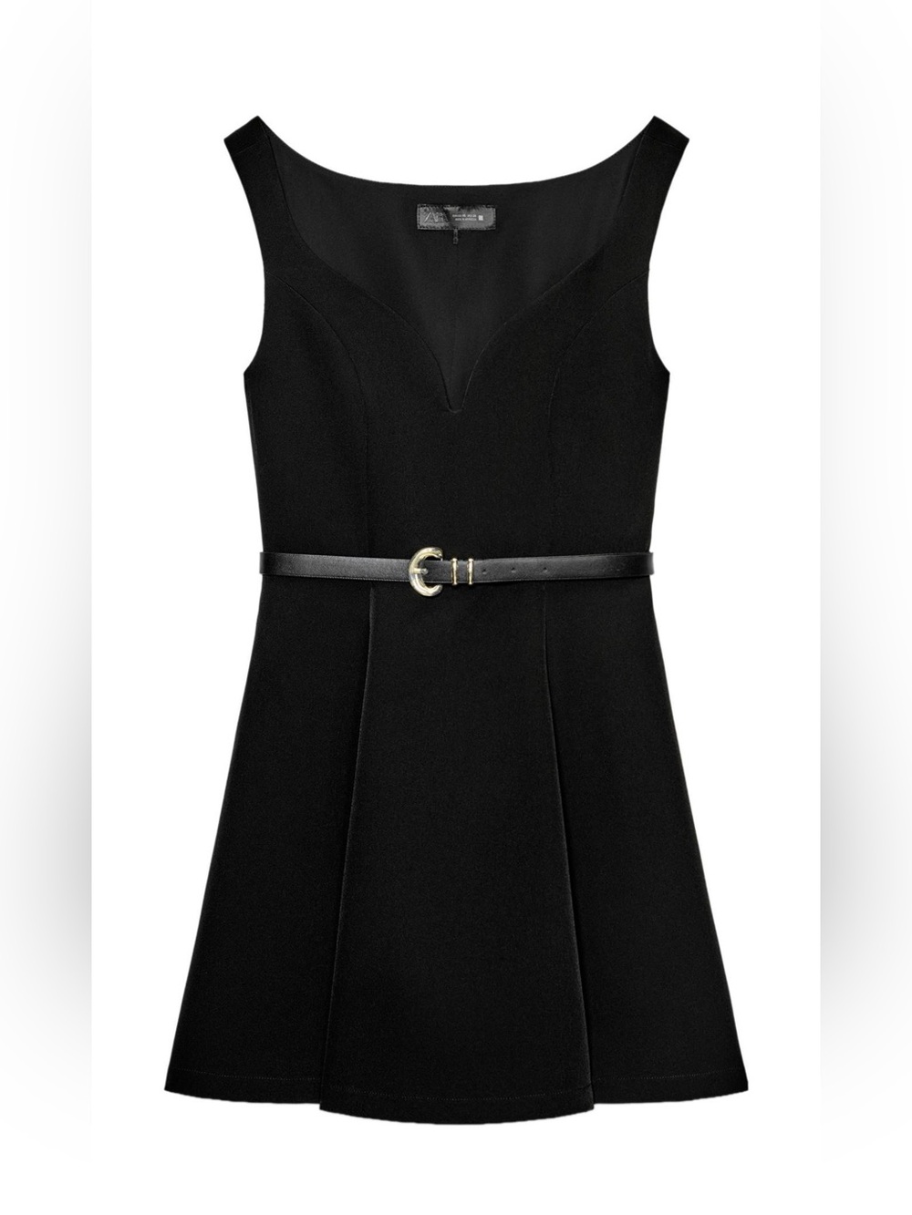 Zara Black Sleeveless A-Line Dress with Slim Belt